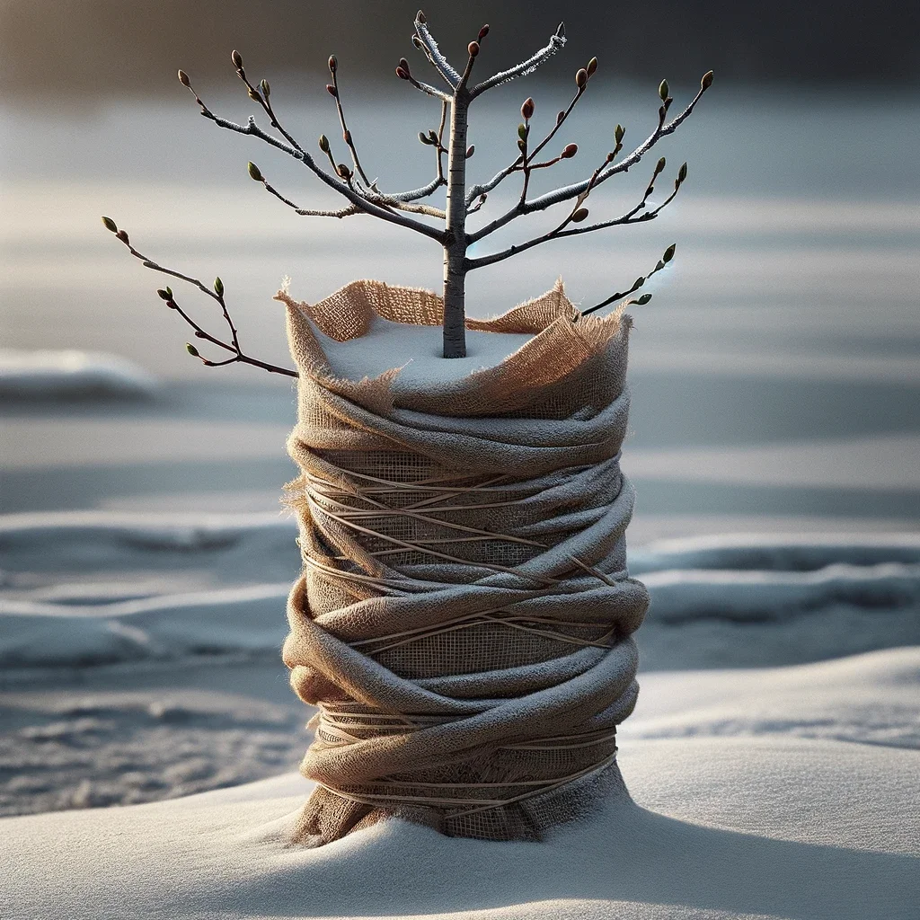 young tree wrapped in burlap, Winter orchard -Little Tree Farms