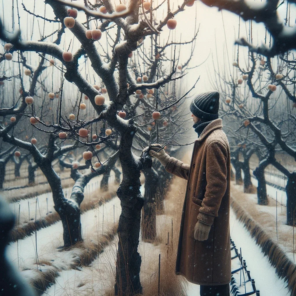 person walking through the winter orchard