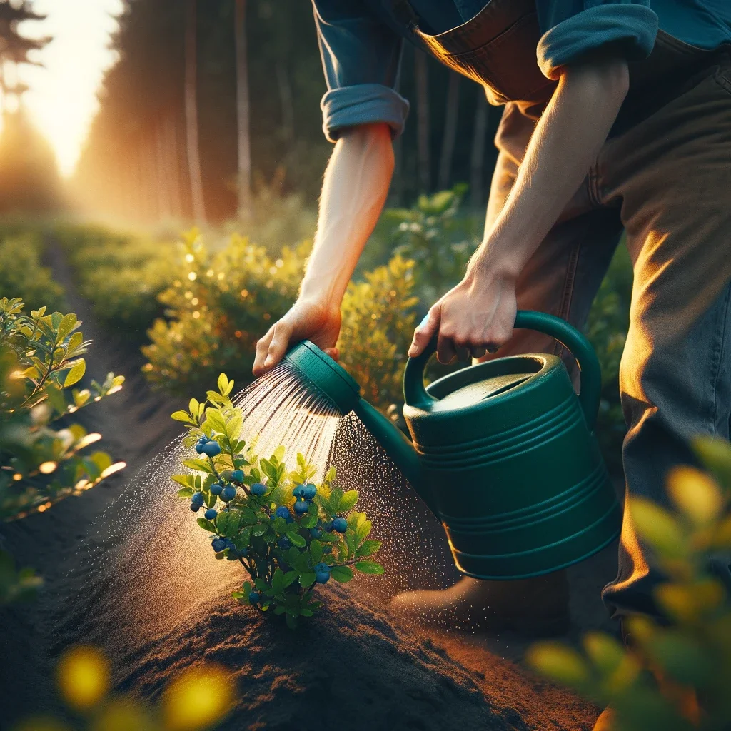 person watering blueberry bushes- Little Tree Farms