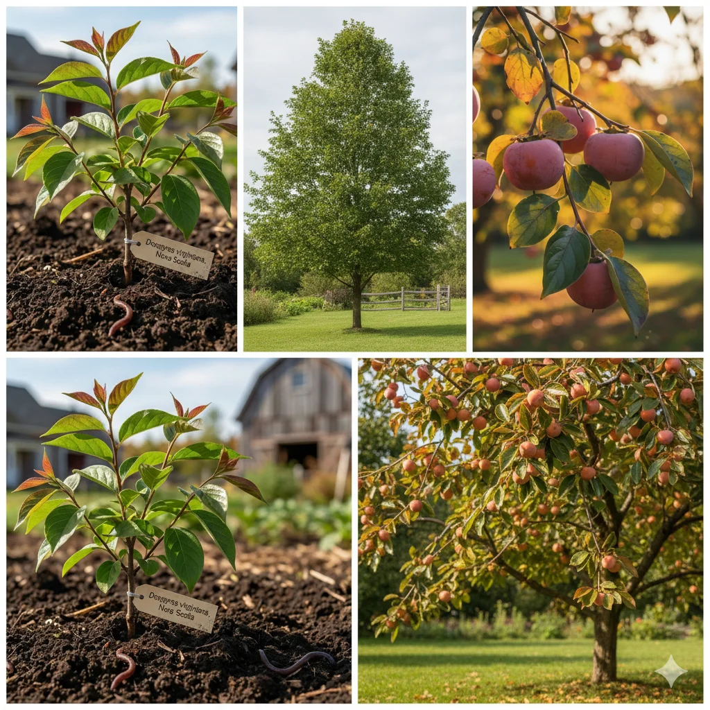 Growth stages of a persimmon tree from sapling to mature fruiting tree.